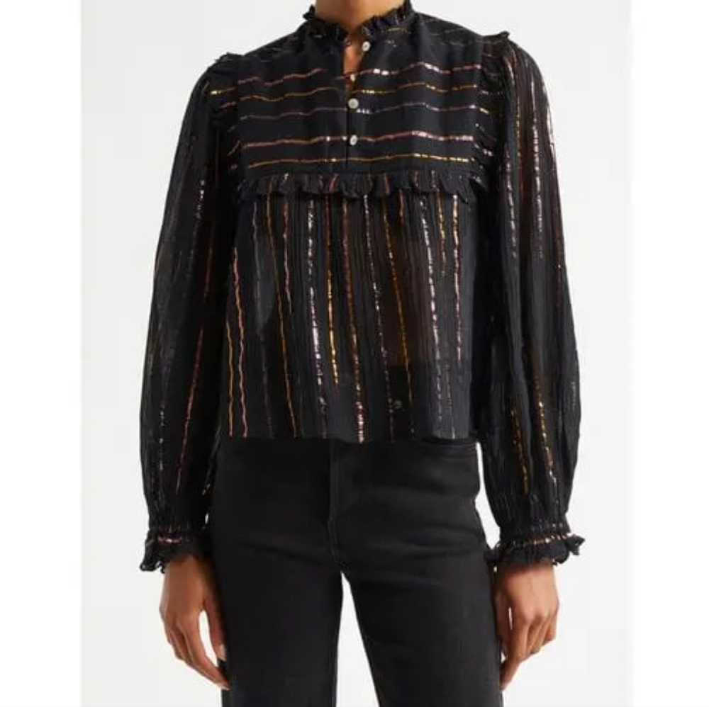 NWOT Farm Rio Metallic stripes and ruffle shirt Sz Large